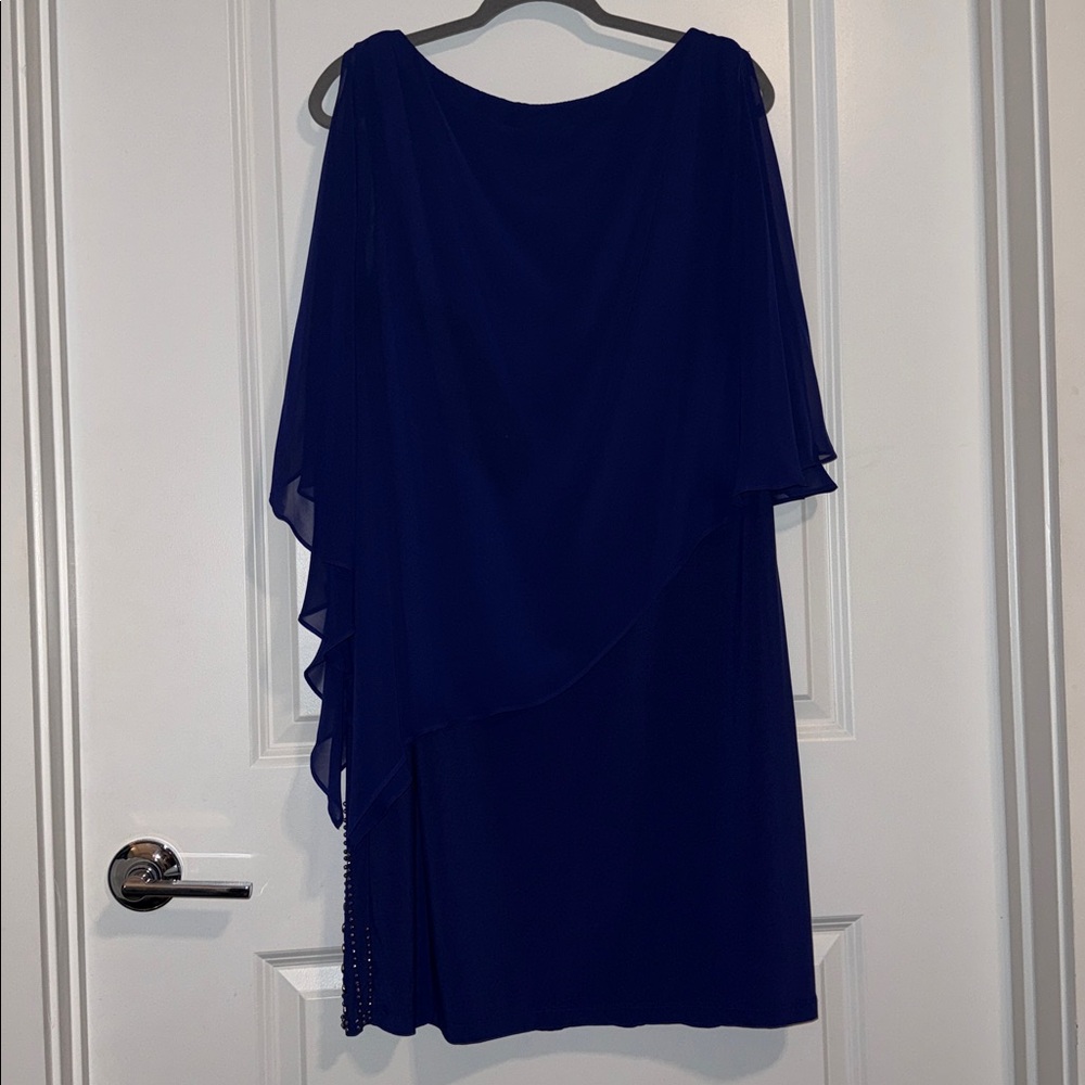 Elegant Navy Blue Overlay Evening Dress - Picture 2 of 4